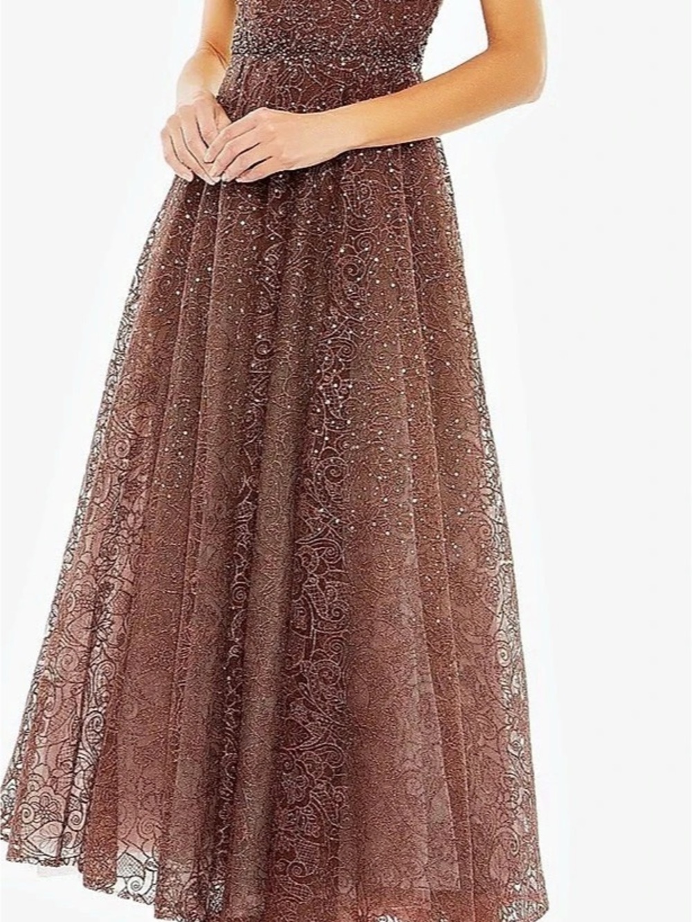 Mac Duggal Embellished Lace Illusion Cocktail Dress Brown Maxi Dress